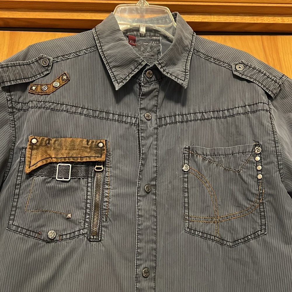 FUSAI Vintage Men's Charcoal Slim Button Down Shirt Metal Accents Size XL